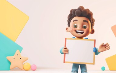 3D cartoon character smiling boy with brown skin holding a blank whiteboard