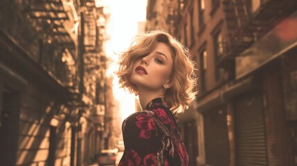 photography portrait of beautiful woman , stylish hair, background a New York street, in the style...