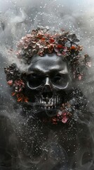 black skull on a black background with dried flowers and fog.