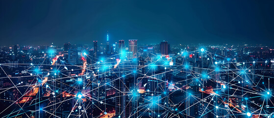 Network connection line between building over the top view of Cityscape at night, world map background which dicut each elements, cool tone color, network and connection concept - obrazy, fototapety, plakaty