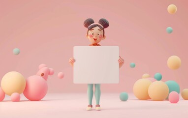 3D cartoon character smiling girl with brown skin holding a blank whiteboard