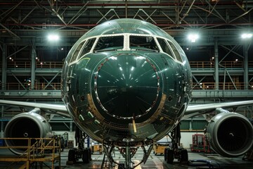 A man is seen overseeing the assembly of a large jetliner inside a spacious hangar