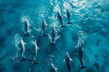 A group of dolphins swims gracefully in the turquoise ocean, showing their playful and social...