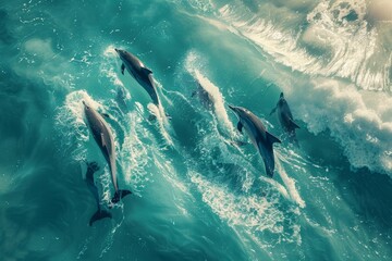 Aerial view of dolphins swimming and playing in vibrant turquoise ocean waves - obrazy, fototapety, plakaty