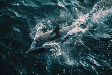 A dolphin gracefully spirals through the water in a dive, captured from an aerial perspective
