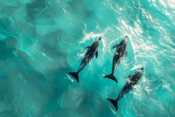 Aerial view of a group of dolphins swimming and playing in the vibrant turquoise ocean waves - obrazy, fototapety, plakaty