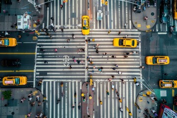 Overhead view of a bustling intersection filled with yellow cabs and pedestrians in a city setting