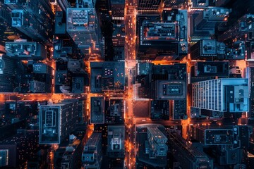 An aerial perspective of a city at night showcasing brightly lit buildings and streets bustling with activity
