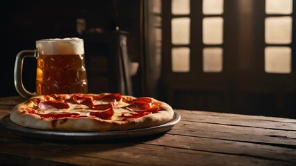 A pizza with pepperoni sits on a table next to a mug of beer
