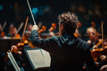 Fototapeta na wymiar A conductor directing an orchestra with intense focus and precision during a musical performance