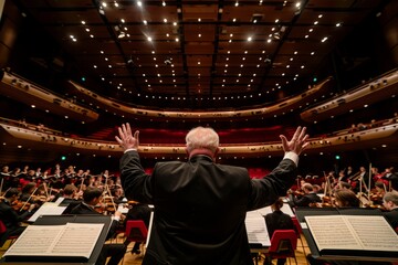 A conductor stands in front of an orchestra, directing the musicians as they perform on stage - obrazy, fototapety, plakaty