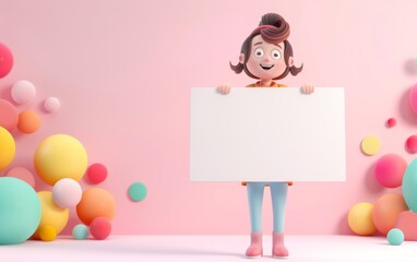 3D cartoon character smiling girl with brown skin holding a blank whiteboard