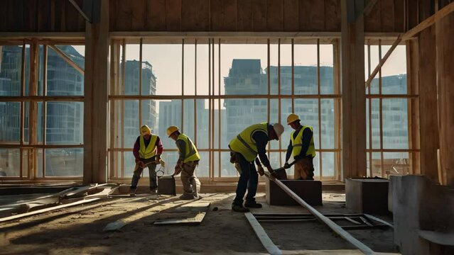 A group of construction workers are working on a building