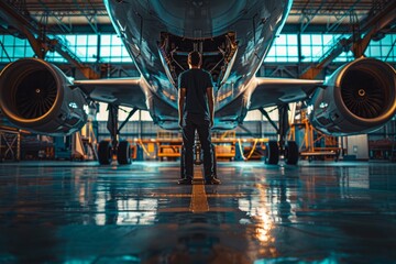 A man standing in front of an airplane in a hangar, inspecting the aircraft