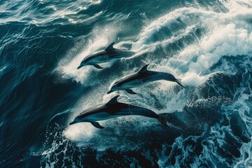 Aerial view of dolphins swimming together in the ocean with waves as they move gracefully through the water