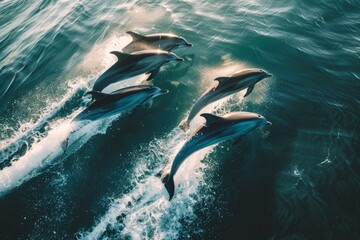 Aerial view of dolphins swimming together in the ocean, gracefully surfing the waves