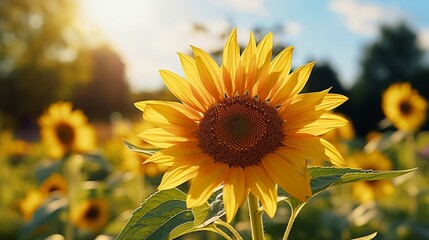 Sunflower, fair trade gold, elegant and majestic, standing tall in a lush field, under a clear blue sky, with a shimmering, realistic effect