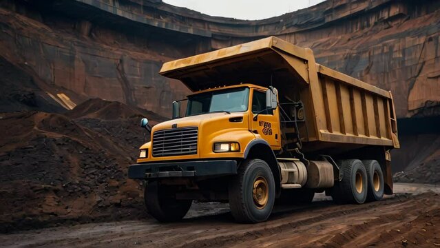 A large yellow dump truck is driving through a dirt road