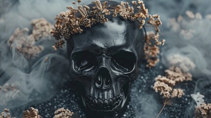 black skull on a black background with dried flowers and fog.