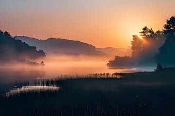  A serene lake surrounded by misty trees at sunrise, creating a tranquil and picturesque scene.