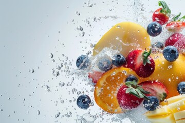 Various fruits like apples, oranges, and grapes are splashing into clear water, creating ripples and droplets