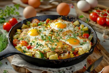 A skillet filled with eggs and a variety of colorful vegetables cooking on a stovetop