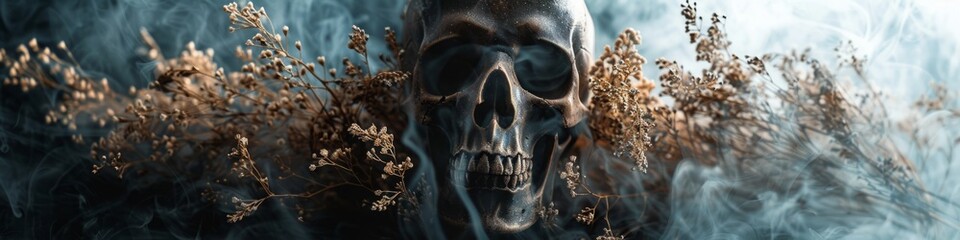 black skull on a black background with dried flowers and fog.