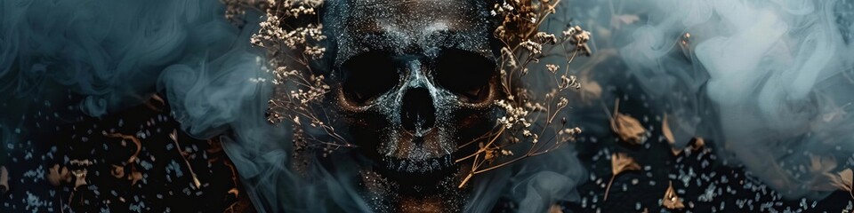 black skull on a black background with dried flowers and fog. - obrazy, fototapety, plakaty