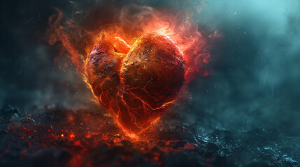 A fiery heart burns intensely amidst smoke and ashes, symbolizing passionate yet destructive love.
