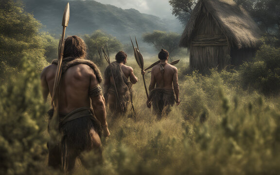 Close rear view of Prehistoric men hiding behind bushes with spears, looking at Mammuths in a plain in background