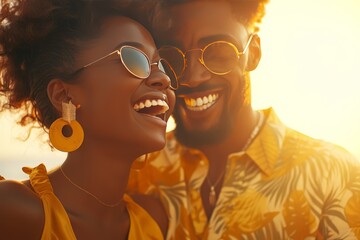 A closeup of two people smiling and laughing on the beach, with one person wearing sunglasses. 