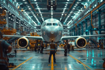 A wide shot of a massive jetliner sitting inside a hangar on a factory floor