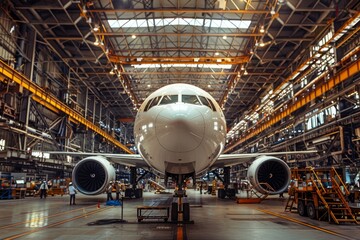 A wide shot of a massive jetliner parked inside a hangar on the factory floor