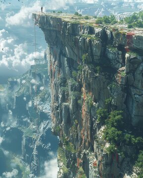 Hyper realistic capture of bungee jumping off a towering cliff