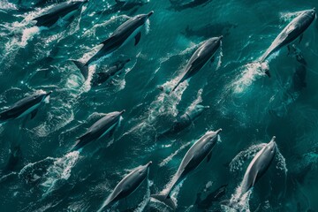 A group of dolphins swimming in the ocean in perfect formation, creating mesmerizing patterns as they glide through the water
