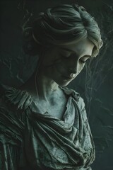 Sorrowful Neoclassical Female Sculpture Mourning in Dramatic Lighting and Shadows