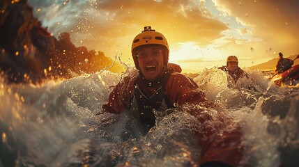 Whitewater rafting through tumultuous rapids action cam - obrazy, fototapety, plakaty
