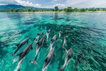 A group of dolphins gracefully swim in the ocean, their sleek bodies cutting through the water in perfect harmony