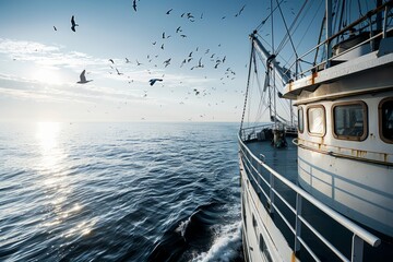 A flock of birds flying over a boat in the vast expanse of the ocean, captured from a high-angle shot from the research vessels mast - obrazy, fototapety, plakaty