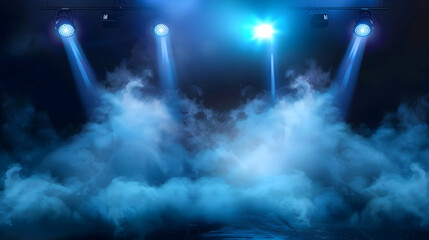Illuminated stage with scenic lights and smoke. Blue vector spotlight with smoke volume light effect on black background. Stadium cloudiness projector - obrazy, fototapety, plakaty