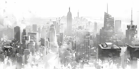 A vintage, monochromatic painting of the New York City skyline, with each building represented by an abstract, blurred silhouette 