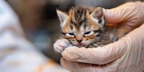 close up of a very small kitty in the hand of veterinarian 