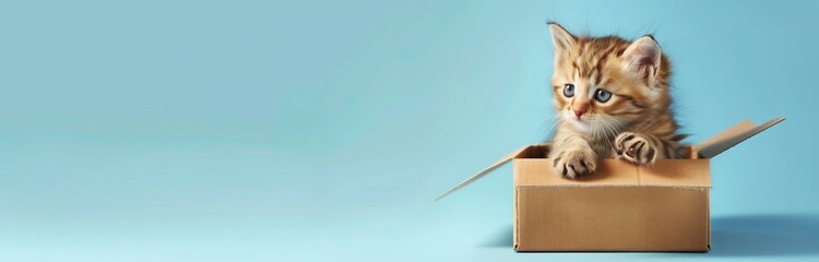 cute ginger stray cat playing in a carton box isolated on turquoise background