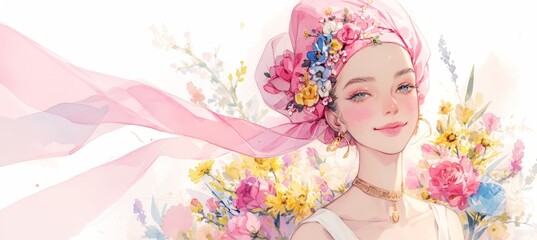Obraz na płótnie Canvas A watercolor illustration of an elegant woman with cancer, wearing a pink headscarf and flowers in her hair, smiling against a white background