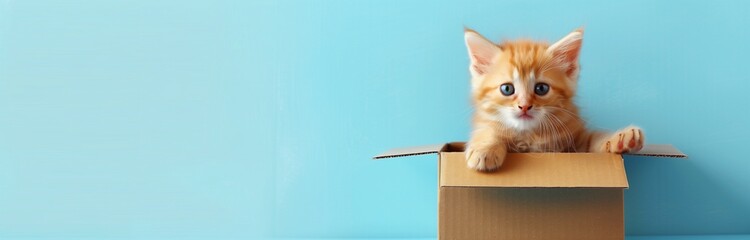 cute ginger stray cat playing in a carton box isolated on turquoise background