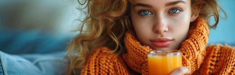 beautiful young girl in orange sweater drinking orange juice isolated on blue background