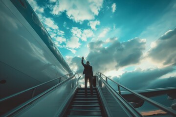 Businessman with luggage ascending airstairs of a private jet against a dramatic sky, depicting luxury travel and success. - obrazy, fototapety, plakaty