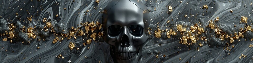 black skull with pieces of gold on a black background with fog.