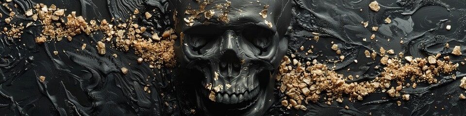 black skull with pieces of gold on a black background with fog.
