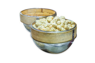 Top view of Basket of dumplings, moldy, focus selective